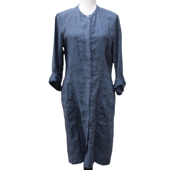 Eileen Fisher Washed Linen Snap Button Front Shirt Dress Blue - Picture 5 of 5
